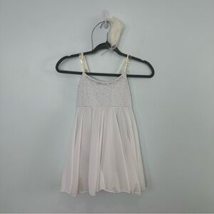 White Sheer Dance Dress Size Large Child Rhinestones; Headband; Attached Leotard